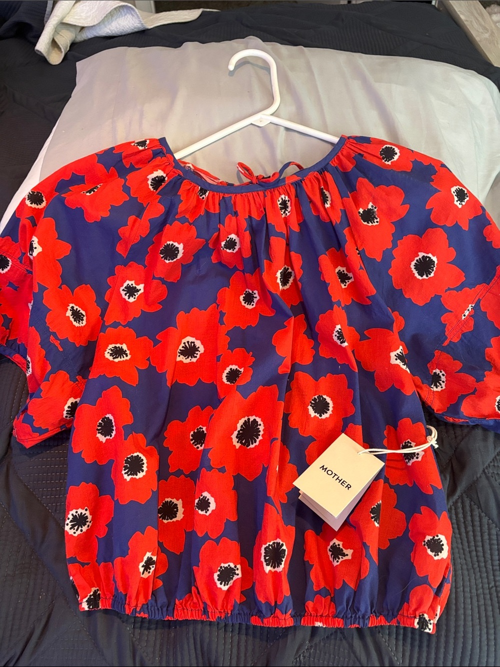 NWT MOTHER Women’s Navy Floral Off-Shoulder Top - Red Navy. MSRP $195
